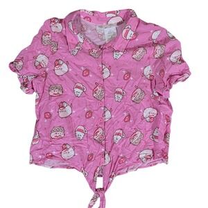 Pusheen Top Women M Pink Cat Macaron Latte Tie Front Button Up Rayon Shirt
